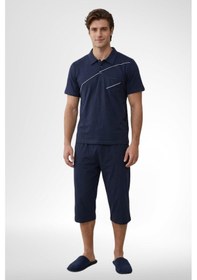 Resim Mecit Pijama Mecit 4007 Lacivert %100 Pamuk Büyük Beden Kapri Erkek Pijama Takımı 