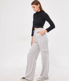 Resim Nova Bazaar Kargo Cepli Palazzo Oversize Kesim İki Iplik Bol Paça Eşofman Altı Pantalon - Gri Gri 