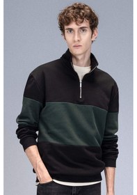 Resim DeFacto Comfort Regular Fit Rahat Kalıp Dik Yaka Fermuarlı Çizgili Kalın Sweatshirt D2401AX24AUBK34 