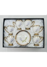 Resim Tutku 6 Kişilik Türk Kahvesi Fincan Takımı Mor Orkide Desenli Beyaz 