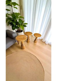 Resim Şık Tik Ağacı Renk Ahşap Mantar Sehpa 3 Lü Doğal Zigon Fiskos Takımı Kahverengi 