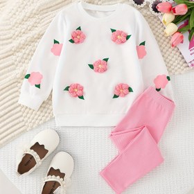 Resim Sonbahar ve kış için çok satan şirin kız seti, tatlı 3D çiçekli üst + nazik pembe çizgili tayt ikili takım, Dış mekan için mükemmel 