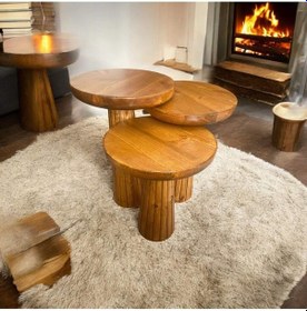 Resim Wood Wooden Ahşap 3 Lü Set Fitilli Mantar Yan Sehpa Modern Tik Ağacı Renk Fiskos Kahverengi 