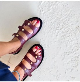 Resim Ne&ve Shoes Bordo Hakiki Deri Gold Aksesuarlı Günlük Rahat Sandalet 