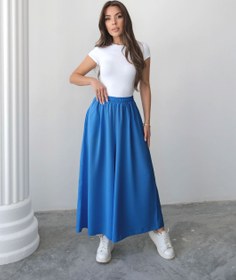 Resim Beli Lastikli Geniş Kesim Kloş Double Krep Pantolon Etek 5187 - Mavi - Mavi / S-M 