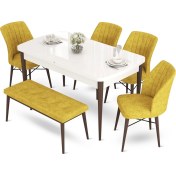 Resim Canisa Concept Aya Serisi 80 x 132 cm Beyaz Masa Ceviz Ayak Mutfak Masa Takımı 4 Sandalye 1 Bench 
