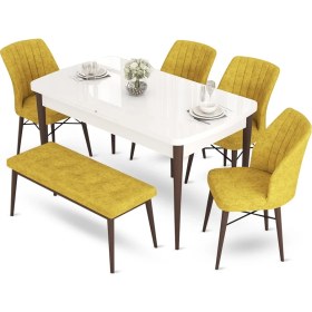 Resim Canisa Concept Aya Serisi 80 x 132 cm Beyaz Masa Ceviz Ayak Mutfak Masa Takımı 4 Sandalye 1 Bench 