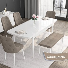 Resim Canisa Concept Roy Serisi 80 x 132 cm Açılabilir Mdf Masa Beyaz Mutfak Masa Takımı 4 Sandalye 1 Bench 