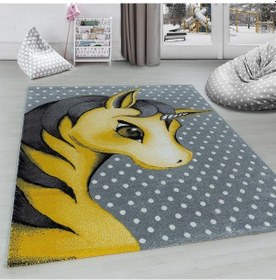 Resim Sevimli Peri Atı Desenli Soft Çocuk Halısı Gri Sarı Beyaz Renklerde Gri - Sarı 
