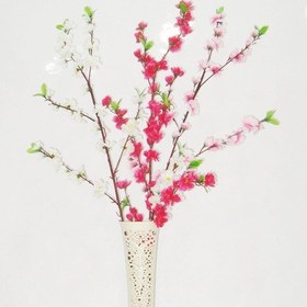 Resim 60 Cm Krem Rengi İşlemeli Vazo Pembe Fuşya Bahar Dalı 