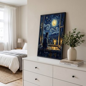 Resim Cat at Candlelit Window Print - Van Gogh Starry Night Village Wall Art - Just Poster / 12 x 16" (30x40 cm) 