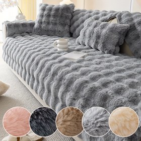 Resim Lüks Sahte Tavşan Kürkü Koltuk Örtüsü - Yumuşak, Kalın Peluş Kılıf, Kışın Sıcaklığı İçin - Evcil Hayvan Dostu, Makinede Yıkanabilir - Tekli'den Dört Kişilik Koltuklara Uyar - Oturma Odası, Yatak Odası, Ofis Dekoru İçin Mükemmel 