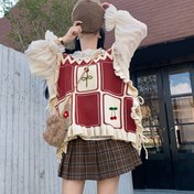 Resim 1 adet Japon Tarzı Kalınlaşmış Sonbahar Kış Tatlı Çizgili Örgü Yelek, 3D Çiçek Süslemeleri, Kolsuz Polyester Crew Boyun Kartı için Katmanlama 