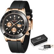 Resim Hanyang Altın Siyah Lıge Yeni Saatler Erkekler Lüks Marka Moda Izle Büyük Arama Silikon Kol Saati Spor Su Geçirmez Kuvars Chronograph Saatler Relogio (Yurt Dışından) 