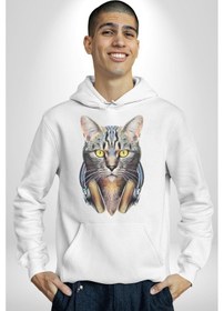 Resim Kulaklık Kedi Kadın Erkek Beyaz Kapüşonlu Sweatshirt Hoodie Beyaz 