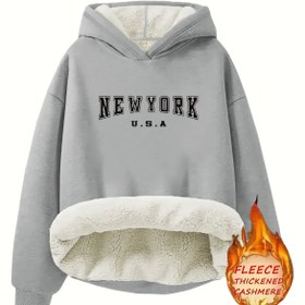 Resim Kadınlar için Rahat Alfabe Baskılı Kapüşonlu Sweatshirt, Uzun Kollu, Omuzdan Düşen, %100 Polyester Örgü Kumaş, Normal Uzunluk, Bol Kesim, Tüm Mevsimler İçin Kapüşonlu Sweatshirt 