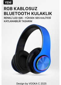 Resim VOOKA RGB Işıklı Kablosuz Bluetooth Kulak Üstü Kulaklık | Müzik, Oyun, Mikrofonlu, Katlanabilir 