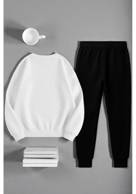 Resim Uyguntarz Unisex Kurdele Tasarım Baskılı Bisiklet Yaka Sweatshirt 2'li Eşofman Takımı Beyaz 
