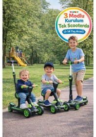 Resim 3 Modlu Yönlendirmeli Ayarlanabilir Scooter Koltuklu Çocuk Scooter Frenli Kaymaz Gövdeli - Yeşil Çok Renkli 