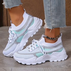 Resim Artı Boyutlu Kadınların Rahat Renkli Bloklu Fileli Düşük Tabanlı Koşu Ayakkabıları, Şık ve Nefes Alabilen Dış Mekan Rahat Spor Ayakkabıları. 