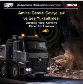 Resim Huına 1536 Pro 1/14 8x4 13ch Profesyonel Rc Uzaktan Kumandalı İş Makinesi Metal Damperli Kamyon İnşaat Aracı Dump Truck - Sesli Ve Işıklı 