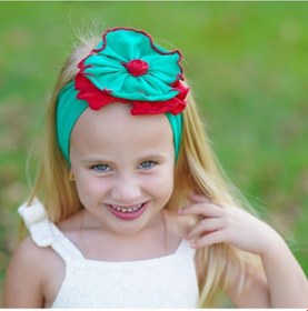 Resim Kız Bebek Çocuk Çiçek Detaylı El Yapımı Yumuşak Esnek Pamuklu Penye Saç Bandı - 6 - 18 Ay / Yeşil Kırmızı Yeşil Kırmızı Yeşil - Kırmızı 
