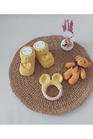 Resim BEGİN Limon Sarısı Yenidogan Hediyelik Bebek El Örgü Akrilik Yün Diş Kaşıyıcı Patik Fiyonklu 0-6 Ay 