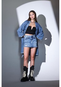 Resim Pinchofficial Julia İndigo Arkası Taşlı Bağlamalı Kimono - Mavi 