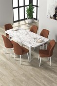 Resim Canisa Par Serisi 70x114, Açılabilir Mdf Yemek Masası Beyaz Mermer Desen Masa Ve 6 Kiremit Sandalye Takımı 