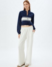 Resim Koton Crop Sweatshirt Yarım Fermuar Detaylı Renk Bloklu Üç İplik Şardonlu Lacivert 5wak10052ek Lacivert 