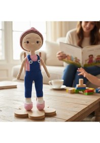 Resim Amigurumi Kız Bebek El Yapımı %100 Pamuk İplik 27 Cm Bej - Pembe 