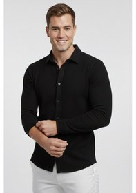 Resim Deepsea Siyah Slim Fit Örme Kumaş Likralı Erkek Gömlek Nefes Alan Esnek Ve Modern Tasarım 2602604 Siyah 