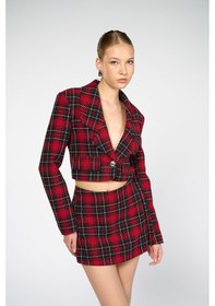 Resim Kadın Kırmızı Ekoseli Crop Blazer Kırmızı 