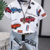 Resim Erkek Çocuklar İçin Dış Mekan Rahat Moda Yazlık Kısa Kollu Şort Takımı T-shirt Araba Baskılı Moda Kot Şort Harf Baskılı Rahat İki Parçalı Set 