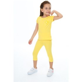 Resim Toontoy Kids Toontoy Kız Çocuk 2'li Takım Baskılı Bisiklet Yaka T-shirt & Beli Lastikli Crop Tayt Sarı 
