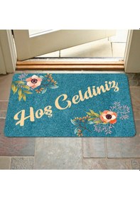 Resim Dijital Baskılı Hoş Geldiniz Yazılı Çiçek Desenli Kapı Önü Paspası İç Ve Dış İçin Yıkanabilir Kaymaz Beyza 