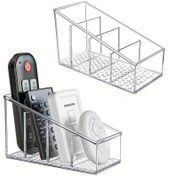 Resim 1 adet Uzaktan Kumanda Tutucu, Masa Düzenleyici, Şeffaf Plastik Masaüstü Düzenleme Tutucu, Ev için Farklı Yüksekliklerde 4 Bölme Makyaj Fırça Tutucuları, Ofis ve Okul için Kalem Tutucu 