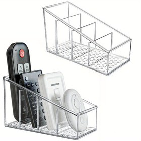 Resim 1 adet Uzaktan Kumanda Tutucu, Masa Düzenleyici, Şeffaf Plastik Masaüstü Düzenleme Tutucu, Ev için Farklı Yüksekliklerde 4 Bölme Makyaj Fırça Tutucuları, Ofis ve Okul için Kalem Tutucu 