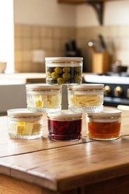 Resim Amandus Aura Gold - 6'lı Cam Kahvaltılık Sızdırmaz Plastik Vakumlu Kapaklı Çok Amaçlı Cam Çerezlik 235ml Altın Tek Ebat 