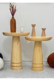Resim ASELYA HOME Ahşap 2’li Set Mantar Yan Sehpa Modern Naturel Fiskos Zigon Çiçeklik Vernikli 