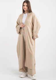 Resim Boncuk ve Kurdele Detaylı Uzun Kimono Pantolonlu Takım 5149 - Bej - Bej / S-M 