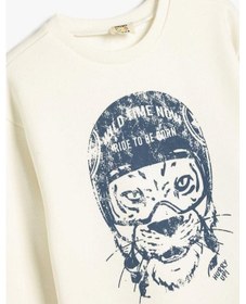 Resim Hipatu Koton Erkek Çocuk Hayvan Baskılı Sweatshirt Bisiklet Yaka Boxy Pamuk Karışımlı Ekru 