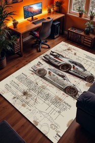 Resim Charmbi Porsche Araç Desenli Kaymaz Taban Makinede Yıkanabilir Gaming Oyuncu Gamer Genç Odası Halısı 