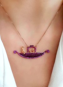 Resim OSESHOP Pembe zirkon taşlı tasarım aşk gondolu gümüş rose kolye 