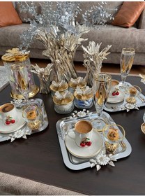 Resim Atabey Home Collection 6'lı Kahve & Çay & Sunum Tepsisi Çelik Gümüş Tepsi Papatya Model 