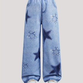 Resim Kızlar için Moda Dijital Baskı Taklit Kot Uzun Pantolon Yıldız Desenli Geniş Paça Günlük Pantolon, Dış Mekan İçin Mükemmel 
