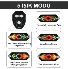 Resim Bisiklet Dönüş Sinyali 5 Işık Seçeneği Şarj Edlebilir Bisiklet Arka LED Uyarı Işığı Uzaktan Kumanda 