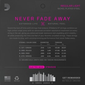 Resim D'Addario XTB45100 XT Nickel Plated Steel 4 Telli Bas Gitar Teli - Regular Light (45-100) 