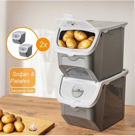 Resim Porsima Coral 2'li Çok Amaçlı Plastik Patates Soğan Sarımsak Saklama Kutusu 12 Litre - Gri 