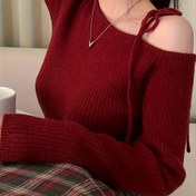 Resim Kadın Omuz Açık Kazak - Bağcıklı Uzun Kesim Şık Kazak, Makinede Yıkanabilir Dar Kesim Parti ve Günlük Kıyafetler - Kırmızı/Diğer Derin Renkler, Sonbahar/Kış Giyimi, Zarif Kışlık Elbise, Retro Tarz, İnce Fit Tasarım, Orta Esneklikli Kumaş, Dayanıklı Malzeme, Trend Kadın Giysileri 